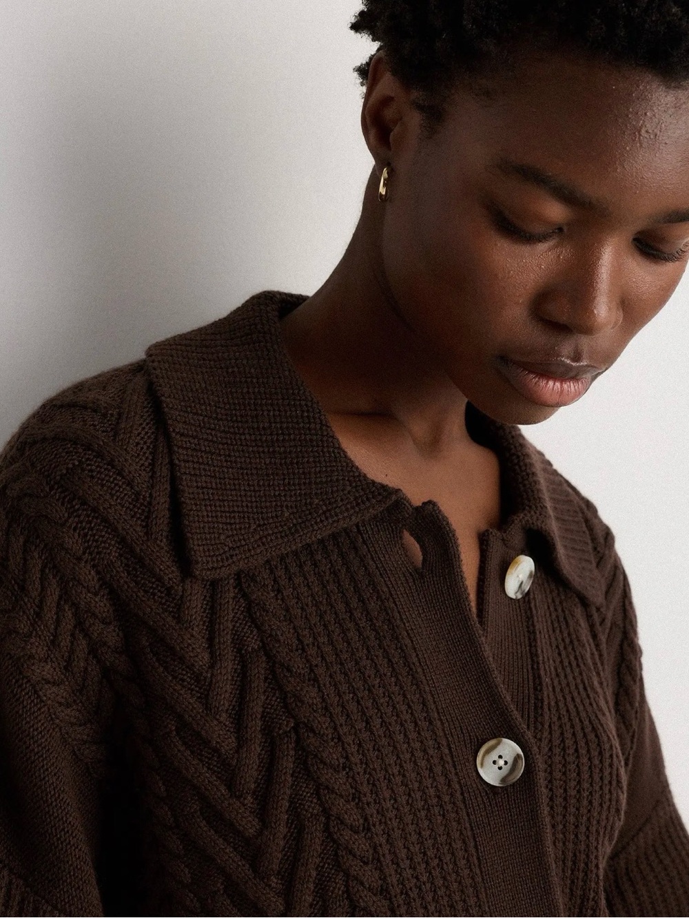 Quince Australian Merino Wool Collared Cable Cardigan chocolate brown S Small - Picture 11 of 12